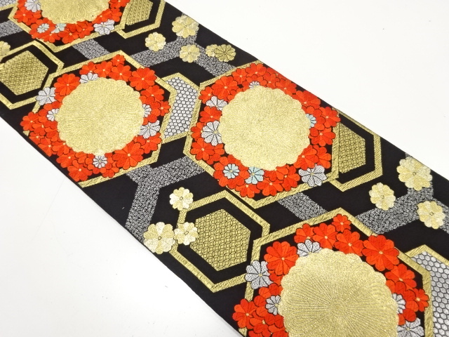 JAPANESE KIMONO / ANTIQUE FUKURO OBI / SILK / WOVEN KIKU